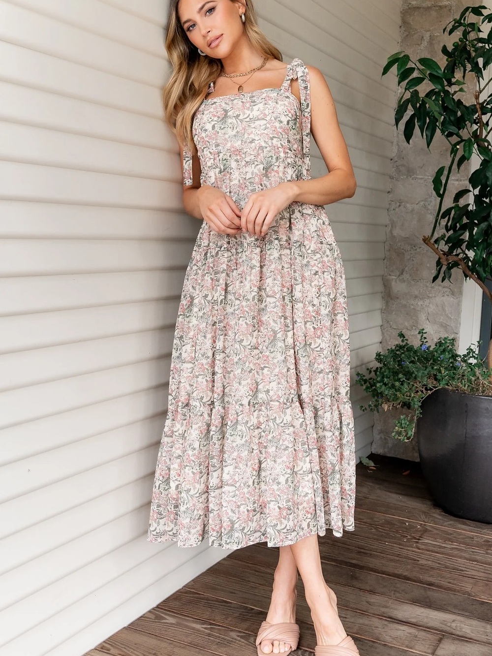 Baevely Floral Tie-Shoulder Sundress Cream Green Pink Size L New with Tags